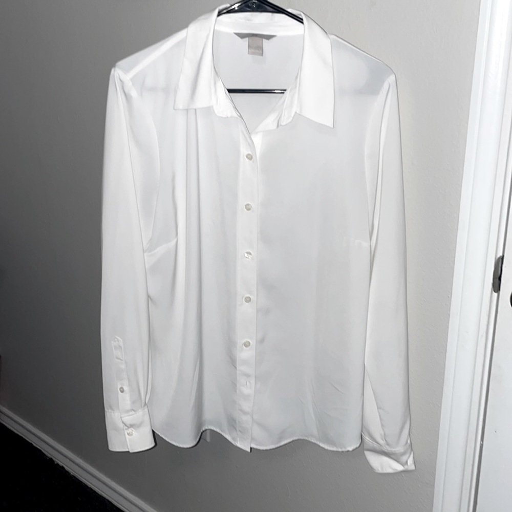 H&M, Sateen, White Button Down Shirt, Size L